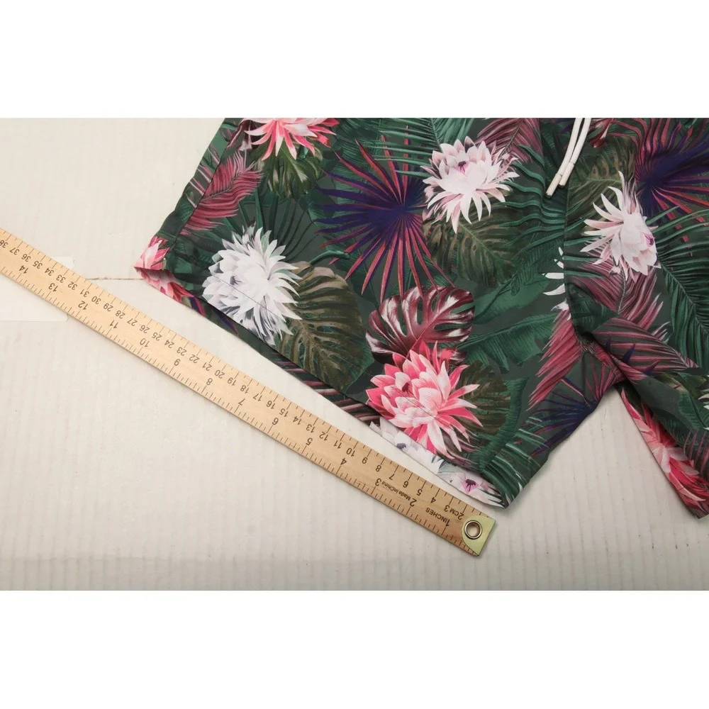 BOSS Men's Tropical Floral Swim Trunks Shorts Green Pink White Size L Mesh Lined